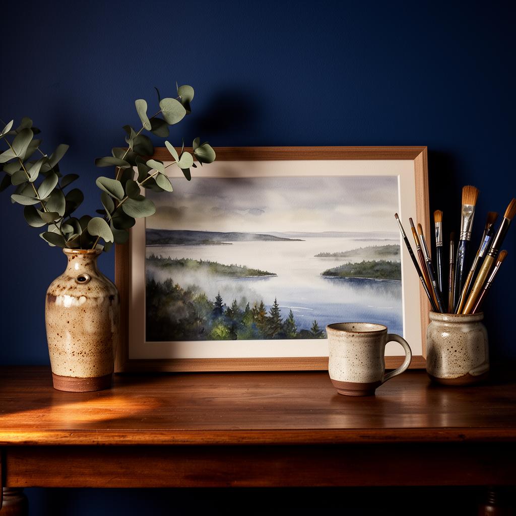 Framed watercolor landscape of the Great Lakes shoreline with ceramic vase and paintbrushes
