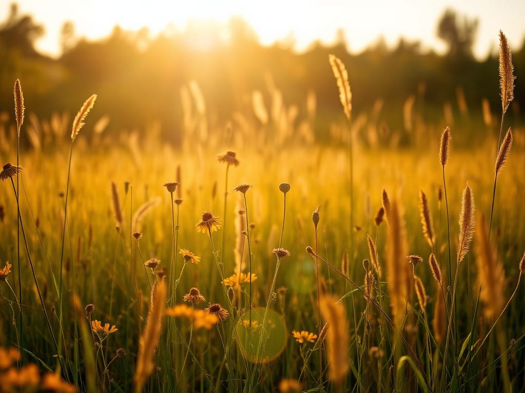 Golden wildflower field at sunset